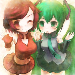 Rule 34 | 2girls, :&gt;, blush, cleavage cutout, clothing cutout, detached sleeves, digininja, fang, fingerless gloves, gloves, green eyes, green hair, hatsune miku, headset, highres, holding hands, long hair, meiko (vocaloid), midriff, multiple girls, necktie, one eye closed, open mouth, red eyes, red hair, sakine meiko, skirt, smile, twintails, very long hair, vocaloid, waving, wink