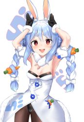 Rule 34 | 1girl, :d, absurdres, animal ear fluff, animal ears, armpits, arms up, black gloves, black leotard, black pantyhose, blue hair, blush, braid, breasts, carrot hair ornament, clothing cutout, coat, coat dress, contrapposto, cowboy shot, detached sleeves, don-chan (usada pekora), dress, food-themed hair ornament, fur-trimmed coat, fur-trimmed gloves, fur scarf, fur trim, gloves, gluteal fold, hair between eyes, hair ornament, highres, hikimayu, hogemi, hololive, leotard, leotard under clothes, long hair, looking at viewer, multicolored hair, open mouth, orange eyes, pantyhose, playboy bunny, puffy short sleeves, puffy sleeves, rabbit-shaped pupils, rabbit ears, rabbit pose, red eyes, scarf, short eyebrows, short sleeves, small breasts, smile, solo, strapless, strapless coat, strapless dress, strapless leotard, swept bangs, symbol-shaped pupils, tail, tail through clothes, teeth, thick eyebrows, twin braids, twintails, two-tone hair, underboob cutout, upper teeth only, usada pekora, usada pekora (1st costume), virtual youtuber, white background, white coat, white hair, white scarf, white sleeves