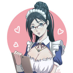 Rule 34 | 1girl, absurdres, black hair, blue eyes, breasts, cleavage, earrings, fire emblem, glasses, heart, highres, jewelry, large breasts, looking at viewer, maid, necklace, nintendo, pink background, ponytail, shimazaki maiko, short sleeves, solo, tak0baka, tokyo mirage sessions fe