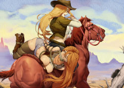 Rule 34 | 2girls, absurdres, bdsm, bit gag, blonde hair, blue shorts, bondage, boots, bound, bound arms, bound legs, breasts, brown eyes, brown footwear, chen zi, cowboy, cowboy boots, cowboy hat, cowboy western, day, desert, gag, gagged, green eyes, green thighhighs, hat, highres, holding, holding reins, horse, horseback riding, kidnapped, kidnapping, large breasts, long hair, long sleeves, multiple girls, one eye closed, original, outdoors, red dead redemption, reins, restrained, riding, rope, saddle, shirt, short shorts, shorts, thighhighs, thighs, tied shirt, western, white shirt