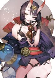 Rule 34 | 1girl, bare shoulders, black bra, black gloves, black hair, black pants, black thighhighs, bra, brown eyes, circle, circlet, cowboy shot, eyelashes, eyeshadow, fang, fate/grand order, fate (series), fingerless gloves, fingernails, gloves, gourd, half-closed eyes, hand on own cheek, hand on own face, horns, japanese clothes, kimono, long sleeves, looking at viewer, makeup, open clothes, open kimono, open mouth, pants, purple kimono, purple sleeves, red eyeshadow, revealing clothes, short hair, short kimono, shuten douji (fate), single bare arm, sitting, skin-covered horns, skin fang, smile, solo, thighhighs, toridamono, underwear, white background