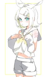 Rule 34 | 1girl, aqua eyes, bare shoulders, belt, blonde hair, bow, collar, commentary, cowboy shot, crop top, grey collar, grey shorts, grey sleeves, hair bow, hair ornament, hairclip, hand on own chest, highres, kagamine rin, light blush, looking at viewer, midriff, motu0505, nail polish, navel, neckerchief, partially colored, pouty lips, sailor collar, school uniform, shirt, short hair, short shorts, shorts, shoulder tattoo, sketch, sleeveless, sleeveless shirt, solo, standing, swept bangs, symbol-only commentary, tattoo, v-shaped eyebrows, vocaloid, white background, white bow, white shirt, yellow nails, yellow neckerchief
