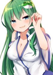 Rule 34 | 1girl, bad id, bad twitter id, blue eyes, blush, bow, breasts, buttons, cleavage, detached sleeves, frog hair ornament, green hair, hair bow, hair ornament, hand up, highres, karasusou nano, kochiya sanae, large breasts, long hair, looking at viewer, open mouth, sidelocks, simple background, smile, snake hair ornament, solo, sweat, touhou, upper body, white background, wide sleeves