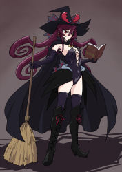 Rule 34 | 1girl, black cape, black footwear, black hat, black leotard, black thighhighs, book, boots, broom, cape, curly hair, dengeki gx, earrings, full body, grey background, hat, high heel boots, high heels, holding, holding book, jewelry, knee boots, leotard, long hair, popped collar, precure, precure all stars, purple hair, red eyes, simple background, solo, sorciere (precure), standing, thighhighs, thighhighs under boots, witch, witch hat