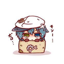 Rule 34 | 10s, 1girl, :/, blush, box, chibi, crying, green hair, hat, heterochromia, in box, in container, kantai collection, kiso (kancolle), looking at viewer, ritateo, short hair, solo, translation request