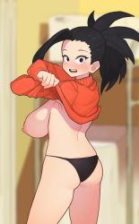 Rule 34 | 1girl, absurdres, ass, black eyes, black hair, black panties, blurry, blurry background, blush, boku no hero academia, breasts, constricted pupils, cowboy shot, from behind, highres, indoors, kellila93, large breasts, looking at viewer, looking back, nipples, no bra, open mouth, orange sweater, panties, ponytail, solo, standing, sweater, teeth, tongue, underwear, undressing, upper teeth only, yaoyorozu momo