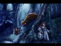 Rule 34 | 1girl, bag, behemoth, chocobo, final fantasy, forest, glowing, glowing eyes, grass, hammywammy, hiding, letterboxed, looking back, monster, moogle, nature, night, outdoors, red hair, shoulder bag, signature, tree, white mage (final fantasy)