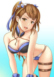 Rule 34 | 10s, 1girl, all fours, bad id, bad pixiv id, bare shoulders, beatrix (granblue fantasy), bent over, bikini, blue bikini, breasts, brown eyes, brown hair, cleavage, gradient background, granblue fantasy, long hair, looking at viewer, medium breasts, open mouth, ponytail, smile, solo, swimsuit, yasojima nejiro