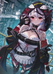 Rule 34 | 1girl, bare shoulders, belt, black belt, black collar, black gloves, black hair, black jacket, blush, bow, breasts, cleavage, collar, feet out of frame, fingerless gloves, garter straps, gloves, hair ornament, highres, holding, holding mask, hololive, hood, hood up, inari (ambercrown), jacket, large breasts, long sleeves, looking at viewer, mask, medium hair, multicolored hair, nail polish, off shoulder, open clothes, open jacket, parted lips, plaid, plaid bow, plaid skirt, red bow, red eyes, red nails, red skirt, sakamata chloe, shirt, silver hair, skirt, solo, standing, streaked hair, thighhighs, torn clothes, torn thighhighs, virtual youtuber, white background, white shirt, x hair ornament
