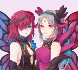 Rule 34 | 2girls, artist name, aryarych, blue eyes, breasts, cleavage, closed mouth, facial mark, fairy wings, fire emblem, fire emblem heroes, grey hair, hair over one eye, highres, long hair, medium hair, multiple girls, nintendo, plant, plumeria (fire emblem), ponytail, purple hair, red eyes, simple background, smile, triandra (fire emblem), upper body, vines, wings