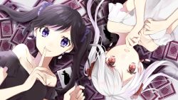 Rule 34 | 2girls, bare shoulders, black hair, black shirt, breasts, card, collarbone, commentary request, fingernails, hachimitsu honey, hair ornament, hair scrunchie, hands up, highres, index finger raised, jewelry, joker (playing card), long hair, medium breasts, multiple girls, off-shoulder shirt, off shoulder, original, parted lips, playing card, purple eyes, purple scrunchie, red eyes, red scrunchie, ring, scrunchie, shirt, silver hair, smile, twintails, white shirt