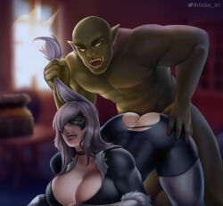 Rule 34 | 1boy, 1girl, angry, argag, black cat (marvel), clothed female nude male, colored skin, felicia hardy, green eyes, green skin, hetero, highres, indoors, marvel, mask, mrgobbo, nude, orc, rape, torn clothes, white hair, yellow eyes