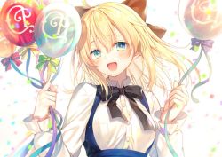 Rule 34 | 1girl, :d, artoria pendragon (all), artoria pendragon (fate), balloon, black bow, black bowtie, blonde hair, blue eyes, blue skirt, bow, bowtie, character request, collared shirt, fate/grand order, fate (series), fingernails, floating hair, hair bow, hands up, holding, holding balloon, long sleeves, looking at viewer, medium hair, open mouth, saber lily, saber lily (festival outfit) (fate), shirt, skirt, smile, solo, suspender skirt, suspenders, toosaka asagi, white shirt, wing collar