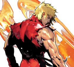 Rule 34 | 1boy, bare shoulders, belt, black belt, blonde hair, closed mouth, cofffee, dougi, fire, from behind, gloves, ken masters, light particles, looking down, looking to the side, male focus, messy hair, muscular, muscular male, pants, profile, red gloves, red pants, red shirt, shirt, short hair, solo, street fighter, torn clothes, torn sleeves, upper body, white background