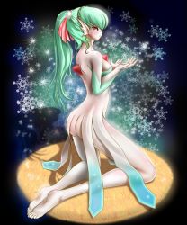 Rule 34 | 1girl, ass, blush, bow, feet, gardevoir, gen 3 pokemon, green hair, highres, legs, looking back, miharin, nintendo, personification, pokemon, red eyes, ribbon, solo, tall, toes