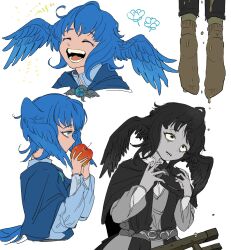 Rule 34 | 1girl, ^ ^, apple, bird wings, black capelet, black eyes, black hair, blue capelet, blue dress, blue eyes, blue gemstone, blue hair, brooch, brown socks, capelet, closed eyes, collared dress, colored skin, crapping self, cropped torso, death, despair, dirty, dress, dripping, elpis flower, feathered wings, final fantasy, final fantasy xiv, food, fruit, gem, glaa da, grey skin, hands up, hanged, head wings, highres, holding, holding food, holding fruit, jewelry, meteion, multiple views, open mouth, out of frame, short hair, simple background, smile, socks, suicide, tearing up, tears, upper body, white background, wide-eyed, wings