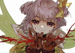 Rule 34 | 1girl, albino (a1b1n0623), antenna hair, black collar, blood, blood on face, brown gloves, closed mouth, collar, commentary, dress, fairy, fairy wings, fate/grand order, fate (series), gloves, green dress, green wings, hair ribbon, highres, looking at viewer, murian (fate), purple eyes, purple hair, ribbon, short hair, simple background, smile, solo, upper body, white background, wings, yellow ribbon