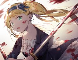 Rule 34 | 1girl, azit (down), black hairband, black jacket, blonde hair, blood, blood on clothes, blood on face, bloody weapon, blurry, blurry background, character request, commentary request, crown, depth of field, dress, earrings, green eyes, hairband, highres, holding, holding sword, holding weapon, jacket, jewelry, kuroshitsuji, long hair, looking at viewer, mini crown, open clothes, open jacket, open mouth, ribbon-trimmed dress, short sleeves, solo, stud earrings, sword, twintails, v-shaped eyebrows, weapon, white dress
