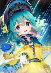 Rule 34 | 1girl, :d, adapted costume, ainy, alternate headwear, aqua nails, blue eyes, blush, bonnet, bow, capelet, commentary, dress, frilled sleeves, frills, green capelet, green hair, hair between eyes, highres, komeiji koishi, long sleeves, looking at viewer, nail polish, open mouth, photoshop (medium), redrawn, shooting star, short hair, smile, solo, third eye, touhou, upper body, wide sleeves, yellow bow, yellow dress