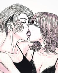 Rule 34 | 2girls, breasts, cleavage, commentary request, closed eyes, french kiss, genkakuramune, highres, kiss, mole, mole on neck, mole under mouth, multiple girls, open mouth, original, short hair, tattoo, tongue, tongue out, traditional media, very short hair, yuri