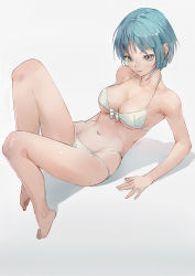Rule 34 | 1girl, absurdres, arm support, bad id, bad pixiv id, barefoot, bikini, blue hair, blush, breasts, cleavage, closed mouth, commentary, english commentary, front-tie bikini top, front-tie top, full body, grey background, grey eyes, highres, leaning back, medium breasts, navel, original, reclining, shadow, short hair, short sleeves, simple background, smile, solo, stomach, swimsuit, wet, white bikini, xianluo zonghe zheng