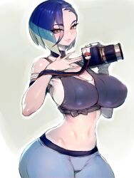 Rule 34 | 1girl, absurdres, alternate breast size, ass, bare shoulders, belt, black belt, black choker, blue hair, bob cut, breasts, brown eyes, camera, choker, cleavage, collarbone, cowboy shot, creatures (company), crop top, denim, eyelashes, fumio (rsqkr), game freak, grey pants, grey shirt, grey sports bra, hand on own chest, hand up, highres, holding, holding camera, large breasts, looking at viewer, loose hair strand, midriff, navel, nintendo, off-shoulder shirt, off shoulder, pants, parted lips, perrin (pokemon), pokemon, pokemon sv, ribbed shirt, shiny skin, shirt, short hair, simple background, sleeveless, sleeveless shirt, smile, solo, sports bra, undershirt, v-neck, white background, white shirt, wide hips