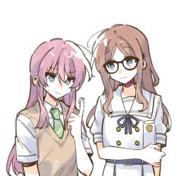 2girls absurdres artist_request bang_dream! bang_dream!_it&#039;s_mygo!!!!! belt belt_buckle blue_belt blue_eyes blue_ribbon brown_hair brown_sweater_vest buckle chihaya_anon closed_mouth collared_shirt commission contact_lens diagonal-striped_clothes diagonal-striped_necktie dress glasses green_necktie grey_eyes hand_up haneoka_school_uniform highres long_hair multiple_girls nagasaki_soyo neck_ribbon necktie pleated_dress puffy_short_sleeves puffy_sleeves purple_hair ribbon school_uniform second-party_source shirt short_sleeves sidelocks simple_background striped_clothes sweatdrop sweater_vest tsukinomori_school_uniform white_background white_dress white_shirt