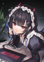 Rule 34 | 1girl, :o, ahoge, black choker, black hair, black nails, blunt bangs, choker, chromatic aberration, commentary, dark background, demon horns, drawing tablet, hair ornament, hairclip, heart, heart choker, heart hair ornament, highres, holding, holding stylus, horns, ichita (yixisama-shihaohaizhi), long hair, looking at viewer, maid, maid headdress, mole, mole under eye, original, parted lips, plant, potted plant, red eyes, red hair, red horns, sidelocks, solo, stylus, symbol-only commentary, upper body, x hair ornament