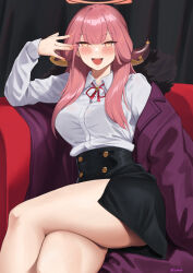 Rule 34 | 1girl, aru (blue archive), black skirt, blue archive, blush, bra visible through clothes, breasts, collared shirt, crossed legs, fingernails, halo, highres, horns, kion-kun, long fingernails, long hair, long sleeves, looking at viewer, medium breasts, neck ribbon, open mouth, pencil skirt, pink hair, red ribbon, ribbon, shirt, shirt tucked in, sitting, skirt, smile, solo, white shirt, yellow eyes