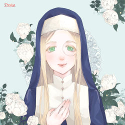 Rule 34 | 1girl, arikawa anri, blonde hair, blue background, doily, fantasy, flower, green eyes, habit, hand up, long hair, looking at viewer, monocle, nun, original, simple background, smile, solo, traditional nun, upper body, white flower