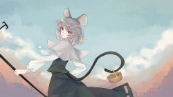 Rule 34 | 1girl, animal, animal ears, basket, black skirt, black vest, capelet, clothing cutout, cloud, cowboy shot, day, dowsing rod, from behind, grey hair, highres, holding, holding rod, holding with tail, jewelry, long sleeves, looking at viewer, looking back, mouse (animal), mouse ears, mouse tail, nazrin, parted lips, pendant, prehensile tail, puffy sleeves, red eyes, shirt, short hair, shuiwuyue lian, skirt, skirt set, sky, solo, standing, tail, touhou, vest, wallpaper, white capelet, white shirt