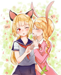 Rule 34 | 2girls, animal ears, arm up, artist request, blonde hair, blush, braid, rabbit ears, cat ears, covered navel, dress, elin, closed eyes, hand on own face, highres, imminent kiss, kindergarten uniform, long hair, multiple girls, one-piece swimsuit, one eye closed, open mouth, pink dress, ponytail, red eyes, ribbon, school swimsuit, school uniform, see-through silhouette, serafuku, shirt, swimsuit, swimsuit under clothes, tera online, twin braids, twintails, upper body, white shirt, wrist ribbon, yuri