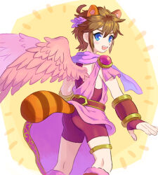 Rule 34 | 1boy, ahoge, alternate color, angel, angel wings, animal ears, ass, bike shorts, blue eyes, blush stickers, brown hair, commentary request, kid icarus, kid icarus uprising, male focus, mario (series), nintendo, nopepe, open mouth, pit (kid icarus), raccoon ears, raccoon tail, scarf, solo, super leaf (transformation), super smash bros., tail, wings