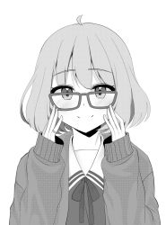 Rule 34 | 1girl, ahoge, bad id, bad pixiv id, blush, cardigan, closed mouth, glasses, greyscale, hair between eyes, hands on own face, hands up, highres, kuriyama mirai, kyoukai no kanata, long sleeves, looking at viewer, mamel 27, monochrome, neck ribbon, open cardigan, open clothes, ribbon, sailor collar, school uniform, serafuku, shirt, simple background, sleeves past wrists, smile, solo, upper body, white background