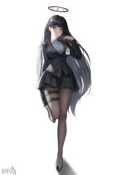 Rule 34 | 1girl, absurdres, black footwear, black hair, black pantyhose, black skirt, black suit, blue archive, blunt bangs, breasts, bright pupils, closed mouth, commentary, formal, full body, grey sweater, hair ornament, hairclip, halo, highres, holster, holstered, id card, imjy09, jacket, large breasts, long hair, looking at viewer, pantyhose, pleated skirt, red eyes, rio (blue archive), signature, skirt, solo, standing, standing on one leg, suit, suit jacket, sweater, thigh holster, turtleneck, turtleneck sweater, very long hair, white background