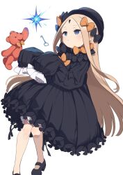 Rule 34 | 1girl, abigail williams (fate), black bow, black dress, black hat, blonde hair, bloomers, blue eyes, blush, bow, breasts, dress, fate/grand order, fate (series), forehead, gamuo, hair bow, hat, key, keyhole, long hair, long sleeves, open mouth, orange bow, parted bangs, revision, ribbed dress, sleeves past fingers, sleeves past wrists, small breasts, solo, stuffed animal, stuffed toy, teddy bear, underwear, white bloomers