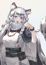 Rule 34 | 1girl, absurdres, animal ear fluff, animal ears, arknights, bead necklace, beads, belt, black belt, black capelet, braid, breasts, capelet, commentary request, dress, gradient background, grey background, grey eyes, hand up, head chain, head tilt, highres, ina (inadiary), jewelry, large breasts, leopard ears, leopard tail, long hair, looking at viewer, necklace, open mouth, pouch, pramanix (arknights), silver hair, solo, tail, twin braids, upper body, very long hair, white dress, wristband