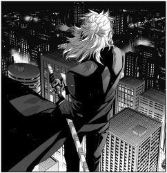 Rule 34 | 1boy, building, city, coat, colored tips, contemporary, facing away, feet out of frame, floating hair, from behind, gloves, greyscale, half gloves, half updo, hashimoto (yanagi-momo), holding, holding sword, holding weapon, jacket, kimetsu no yaiba, long sleeves, male focus, medium hair, monochrome, multicolored hair, night, outdoors, pants, rengoku kyoujurou, rooftop, sheath, skyscraper, solo, standing, streaked hair, sword, unsheathing, weapon