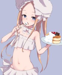 Rule 34 | 1girl, abigail williams (fate), abigail williams (swimsuit foreigner) (fate), abigail williams (swimsuit foreigner) (third ascension) (fate), bare shoulders, bikini, blonde hair, blue eyes, blush, bonnet, bow, breasts, eating, fate/grand order, fate (series), food, forehead, fork, hair bow, long hair, looking at viewer, meta-tron, miniskirt, navel, open mouth, pancake, parted bangs, plate, sidelocks, skirt, small breasts, swimsuit, twintails, very long hair, white bikini, white bow, white headwear
