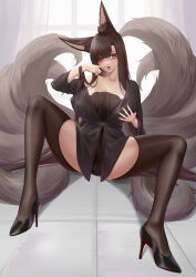 Rule 34 | 1girl, absurdres, akagi (azur lane), animal ears, azur lane, bare shoulders, blush, breasts, brown hair, collar, commentary request, covered erect nipples, dress, finger to mouth, fox ears, fox girl, fox tail, full body, grabbing own breast, hair between eyes, hand up, high heels, highres, ichikushi mojibake, kitsune, large breasts, leash, legs, licking, licking finger, long hair, looking at viewer, m legs, multiple tails, no bra, no panties, off shoulder, pussy, red eyes, see-through, see-through dress, sitting, skindentation, slit pupils, solo, spread legs, tail, thighhighs, thighs, very long hair
