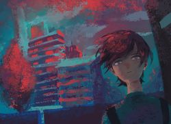 Rule 34 | 1boy, black hair, building, cocontma, expressionless, grey eyes, highres, limited palette, original, outdoors, short hair, solo, tree, upper body