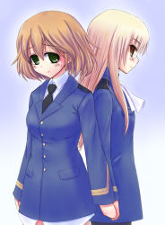 Rule 34 | 2girls, amelie planchard, ascot, blonde hair, blush, glasses, green eyes, holding hands, long hair, masarou, military, military uniform, multiple girls, necktie, pantyhose, perrine h. clostermann, short hair, smile, strike witches, strike witches: katayoku no majo-tachi, tears, uniform, world witches series, yellow eyes