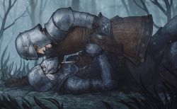 Rule 34 | 2boys, armor, bare tree, black pants, blade to throat, blood, blood on face, bloody weapon, boots, brown footwear, brown gloves, chainmail, commentary, cowboy shot, creighton of mirrah, dagger, dark souls (series), dark souls ii, donlemefo, eye contact, gloves, grass, hand grab, helmet, highres, holding, holding dagger, holding knife, holding weapon, knife, looking at another, lying, male focus, mask, multiple boys, on back, outdoors, pants, pate (dark souls ii), pauldrons, pouch, profile, short hair, shoulder armor, smile, straddling, surcoat, tree, weapon, white hair