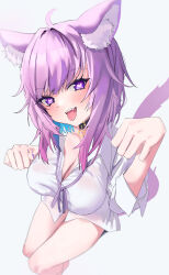 Rule 34 | 1girl, absurdres, ahoge, animal collar, animal ear fluff, animal ears, black collar, blue hair, blush, cat ears, cat girl, cat tail, collar, colored inner hair, heart, heart-shaped pupils, highres, hololive, looking at viewer, medium hair, multicolored hair, naked shirt, neck ribbon, nekomata okayu, nekomata okayu (oversized shirt), noviceeeeeeee, official alternate costume, paw pose, purple eyes, purple hair, purple ribbon, ribbon, shirt, smile, solo, symbol-shaped pupils, tail, virtual youtuber, white background, white shirt