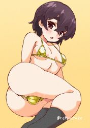 Rule 34 | 1girl, ass, bikini, black socks, blush, breasts, brown eyes, brown hair, captain (kemono friends), covered testicles, futanari, genderswap, genderswap (mtf), gold bikini, highres, kemono friends, looking at viewer, lying, on side, open mouth, pariparifromage, short hair, small breasts, socks, solo, swimsuit, testicles, thick eyebrows, twitter username, yellow background