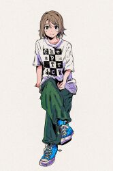 Rule 34 | 0507 tuyuri, 1girl, baggy pants, blue eyes, blue footwear, brown hair, casual, cheap trick (band), crossed legs, green pants, highres, looking at viewer, love live!, pants, shirt, shoes, sketch, smile, sneakers, solo, watanabe you, white shirt