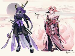 Rule 34 | 2girls, animal ears, armor, bare shoulders, bow, bowtie, braid, breasts, chest tattoo, cleavage, closed mouth, collarbone, couple, earrings, full moon, genshin impact, hair ornament, hair over one eye, hand up, headpiece, highres, holding, holding polearm, holding smoking pipe, holding weapon, japanese clothes, jewelry, katana, long hair, looking at viewer, mask, medium breasts, moon, mouth mask, multiple girls, multiple tails, nihongami, pink hair, polearm, purple bow, purple eyes, purple hair, raiden shogun, shoulder armor, single braid, smoke trail, smoking pipe, standing, sword, tail, tattoo, weapon, yae miko, yuri, yuru4086