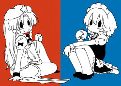 Rule 34 | 2girls, blue background, bow, braid, china dress, chinese clothes, cup, dress, ear piercing, embodiment of scarlet devil, female focus, hair bow, hat, holding, holding cup, hong meiling, izayoi sakuya, karaagetarou, long hair, looking at viewer, maid, maid headdress, multiple girls, piercing, puffy short sleeves, puffy sleeves, red background, shoes, short hair, short sleeves, smile, socks, star (symbol), touhou, twin braids, wrist cuffs, wristband