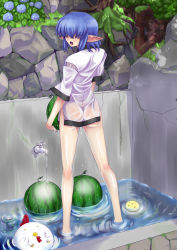 Rule 34 | 1girl, ass, barefoot, bird, blue hair, chick, chicken, faucet, flower, food, from behind, fruit, hair over eyes, hydrangea, kawajuu, legs, long legs, looking back, no panties, original, pointy ears, see-through, short hair, solo, thighs, wading, water, watermelon, wet, wet clothes