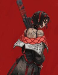 Rule 34 | 1girl, back tattoo, black hair, black jacket, chain, crow (nikke), ear piercing, from behind, goddess of victory: nikke, green eyes, hand on own hip, highres, holding, holding weapon, jacket, multicolored hair, piercing, red background, red hair, sallow artist, short hair, shoulder tattoo, skull tattoo, solo, streaked hair, tattoo, weapon